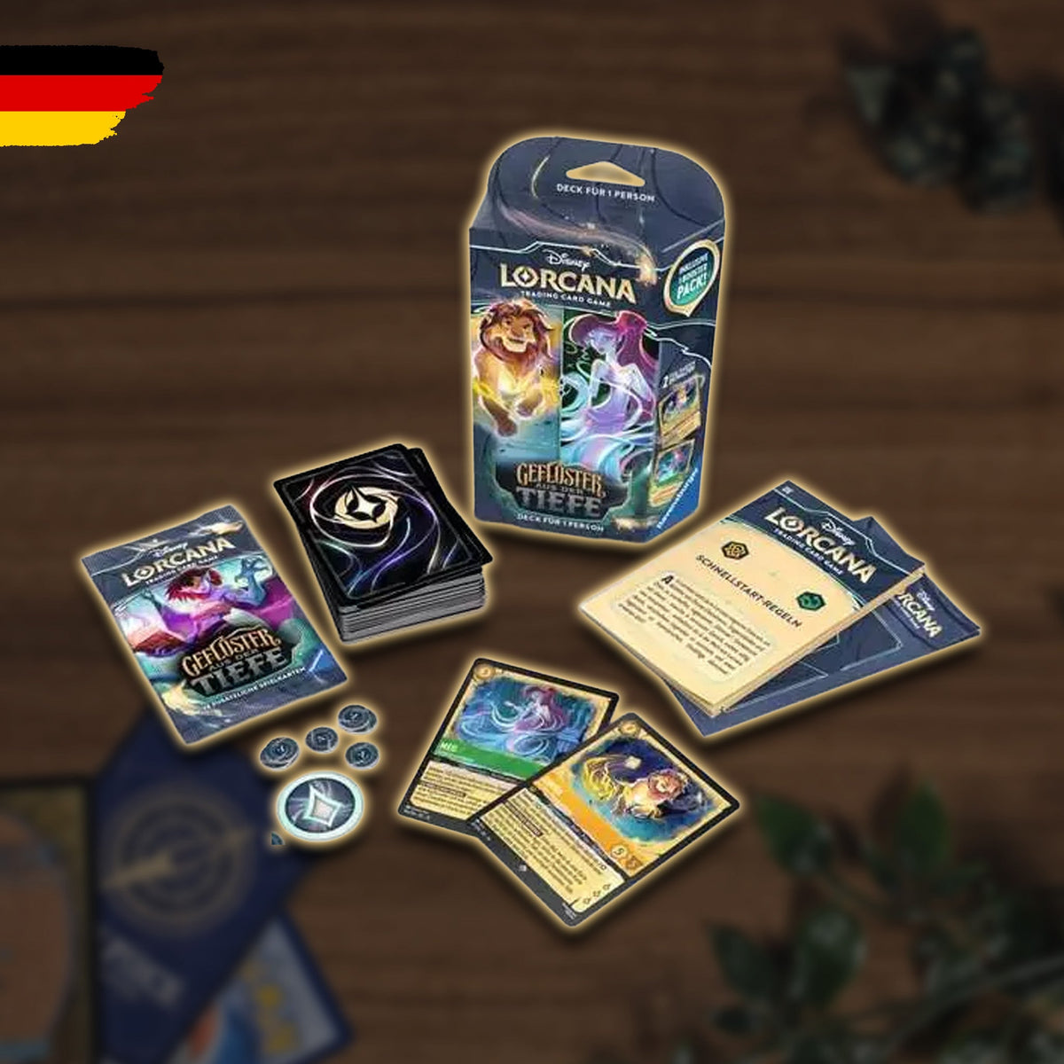 Disney Lorcana Geflüster aus der Tiefe Starter-Deck Bernstein und Smaragd Inhalt